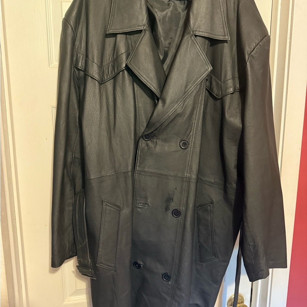 Men's Black Leather Double-Breasted Coat